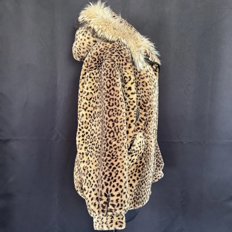 Neiman Marcus Zip Up Faux Fur Coat Leopard Print Fur Trimmed Hood  2 Pockets/M - Image 3 of 4