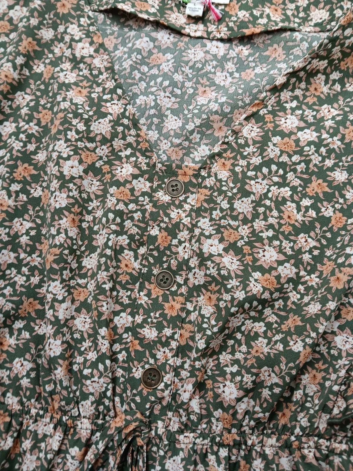 VETEMENTS Abito Umgee donna L floreale oliva ginocchio maniche a campana boho nuovo con etichetta