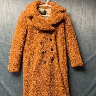 J.CREW Women's Coat Size XXSP Brown Fuzzy Teddy Bear Double Breasted Fleece Long