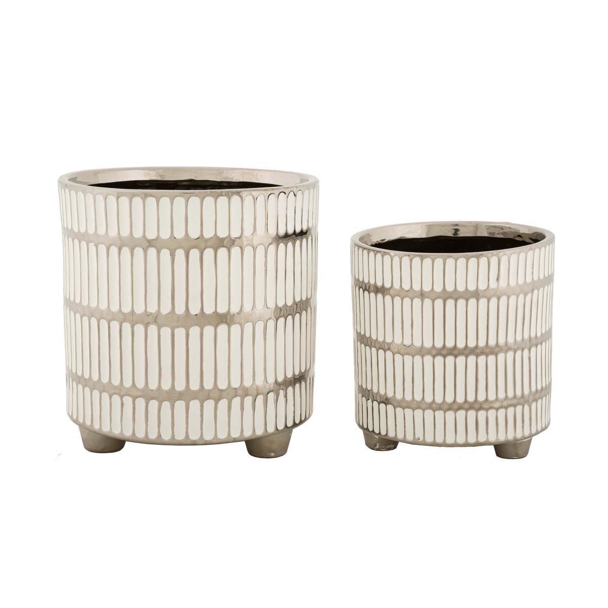2 Vases en Céramique Blanche et Argent Ray pour Décoration Table