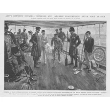 RUSSO JAPANESE WAR Soldiers Fraternising after Port Arthur - Antique Print 1905