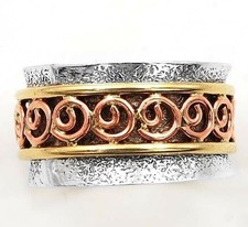Three Tone Meditation Spinner 925 Sterling Silver Band Ring Sz 7.5