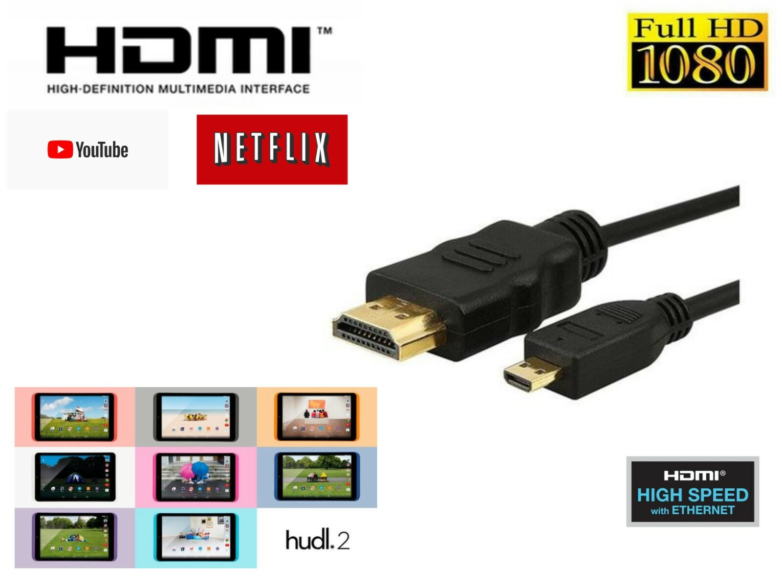 Premium 1.5m 3m Gold Micro HDMI to HDMI Cable Lead for Tesco Hudl