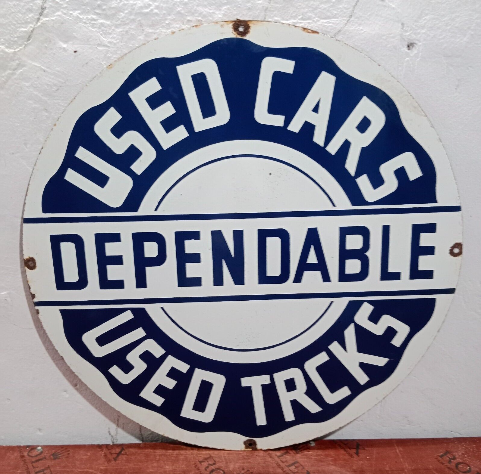 Dependable Used Cars Used Trucks Porcelain Enamel Sign  30 x 30 Inches 1 Sided