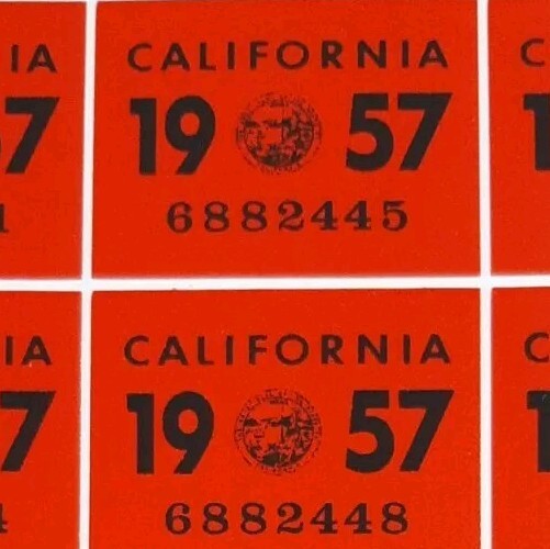 1957 California License Plate Reflective Registration Sticker, YOM