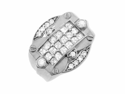 10k or 14k White Gold Rectangular White CZ Bolt Industrial Mens Ring