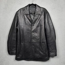 VINTAGE Structure Leather Jacket Mens Medium Black Mid Length Button Soft Y2K