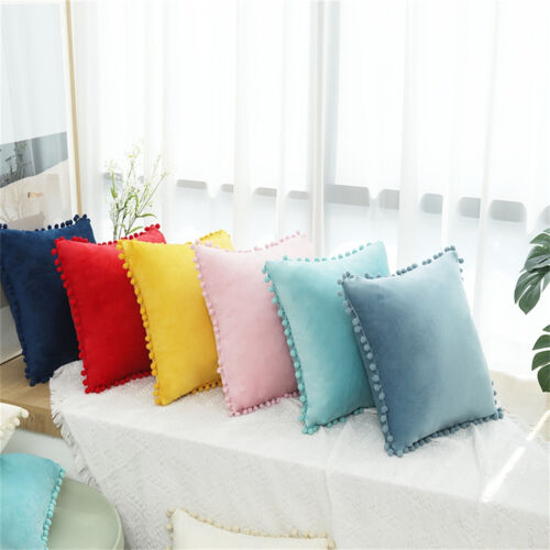 Velvet Cushion Cover Soft Pom Pom Ball Fringe Home Decor Sofa Throw Pillow Case - Photo 1/30