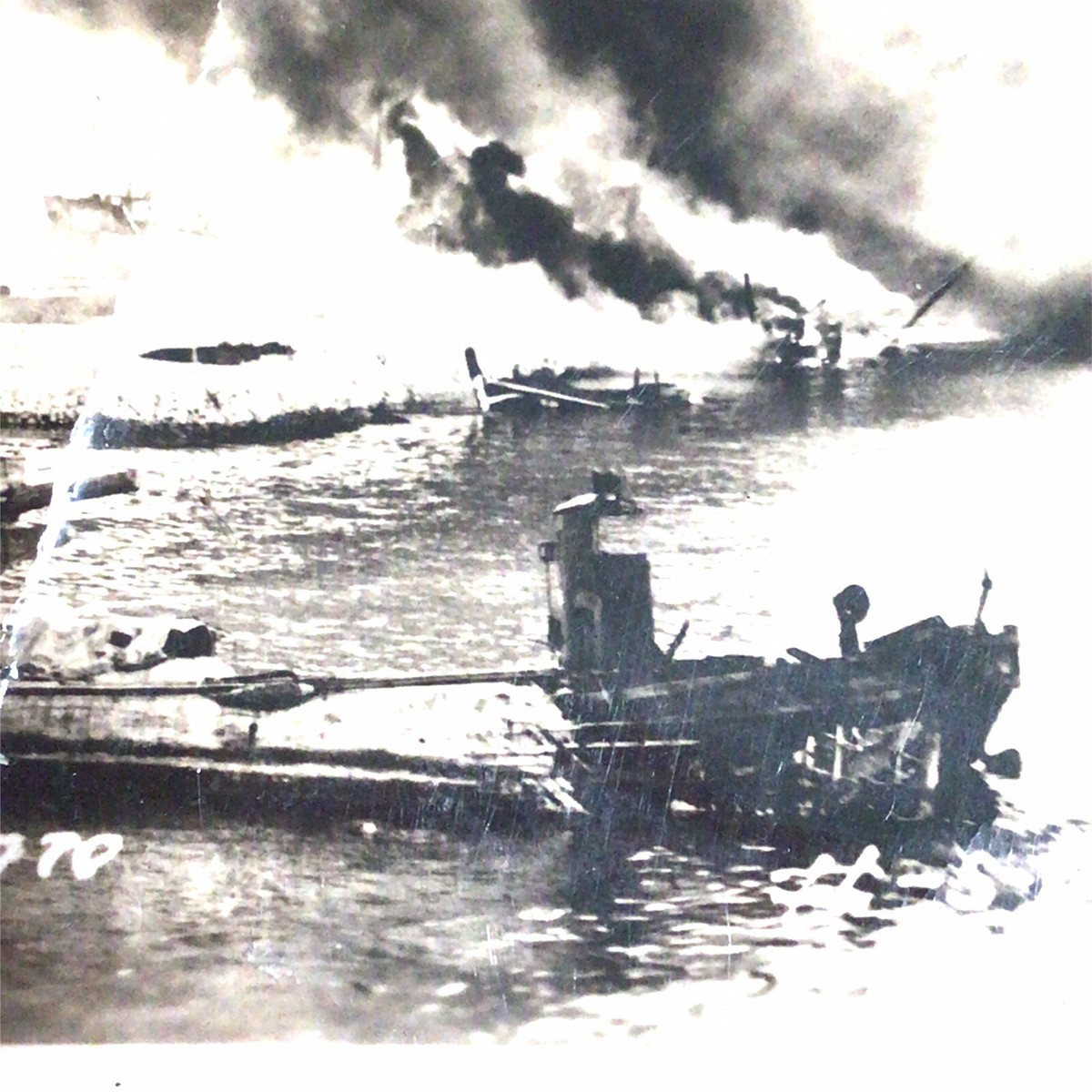 Original WWII USMC June 1944 Saipan Japanese Boats Burning Photo