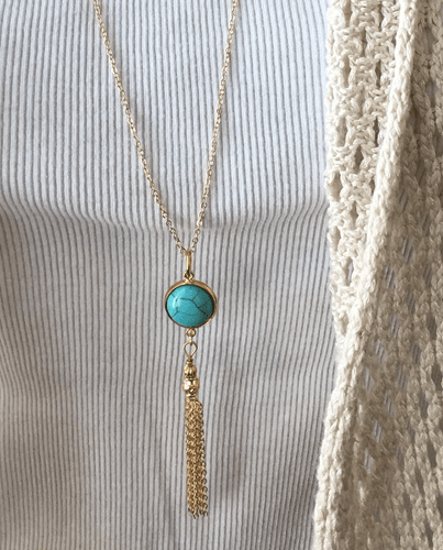 Damen Modeschmuck Lange Kette Pullover Halskette mit Türkis Quaste Anhänger - Bild 1 von 3