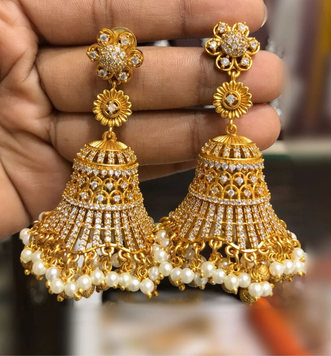 Kundan 22k Gold Plated Carved Gemstone Gray Drop Earrings Indian Wedding  Jewelry | eBay