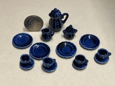 Dollhouse Miniature Tea Set Cobalt Blue 17 pc Teapot Plates 1:12 inch scale B137