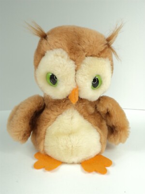 70s Dakin Plush Nutshells Brown & Orange w/ Green Eyes Obie Owl - 7'' - Excellent