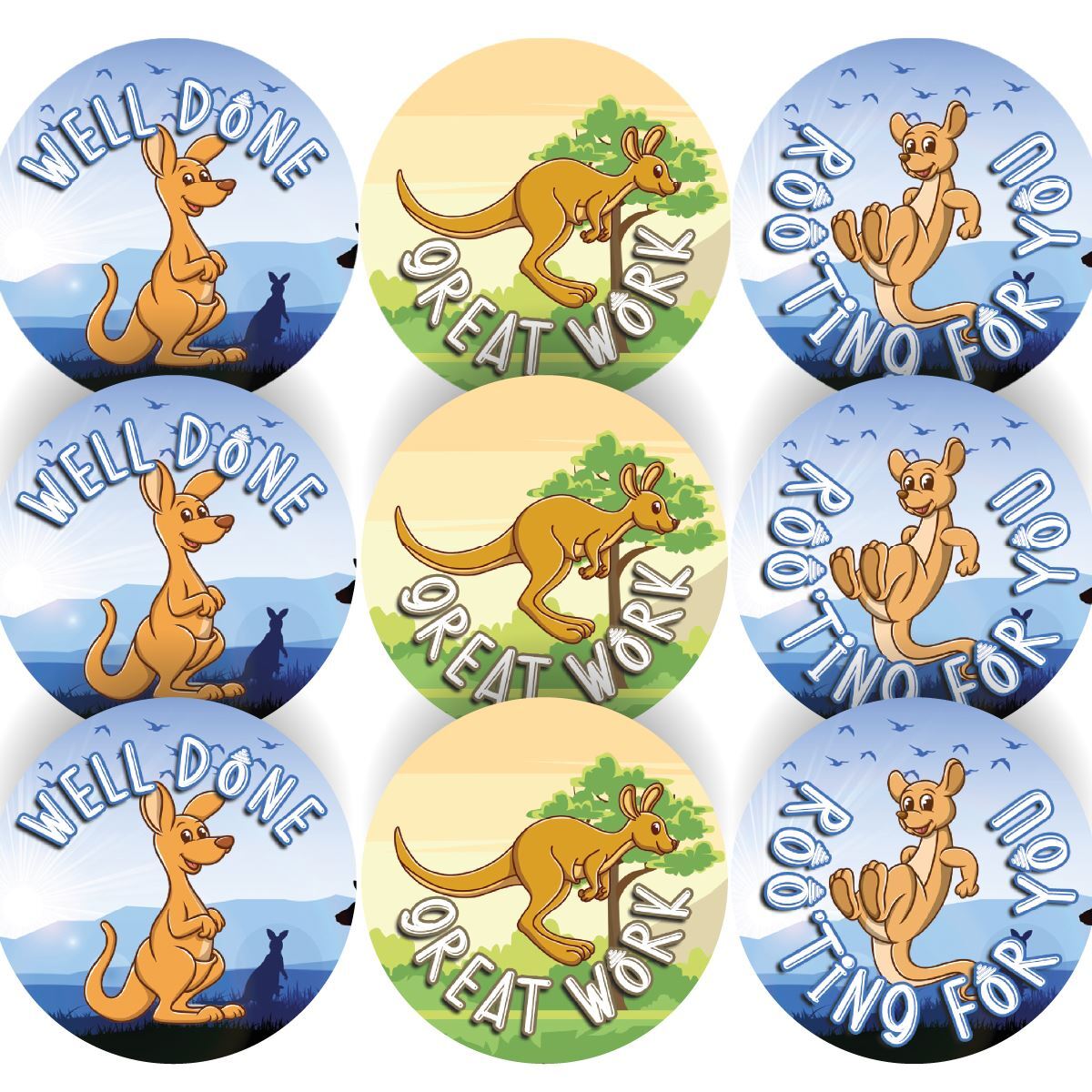 144 Kool Kangaroo Praise Animals 30mm Glossy Reward Stickers Teachers Parents