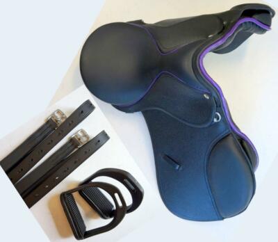 Purple Trim 3pc 15'' Black All Purpose English EVENT JUMP Saddle+Irons+48''