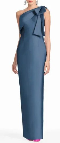 Sachin & Babi Steele Blue Bonnie Bow One-Shoulder Satin Gown Size 4 $895
