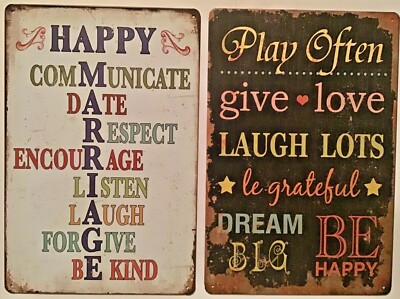 8x12 in TIN SIGNS 2pc SET Happy marriage love respect laugh forgive dream play