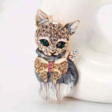 Sindary Lovely Cat Kitty Brooch Pin - 4.92" Long, Rhinestone Crystal, Black & Gray, Zinc Alloy