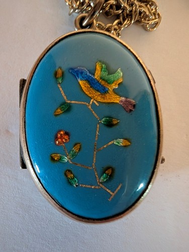 Cloisonne Enamel Oval Egg Photo Locket Necklace Robin Egg Blue Bird Floral