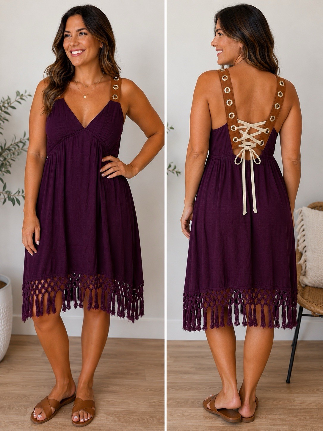 Swim Dress Lace Up Fringe Boho Rivets Violet One Size #38
