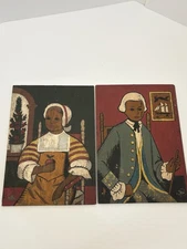 Vintage 1960s Pair Black American Folk Portraits on Hardwood Wall Art