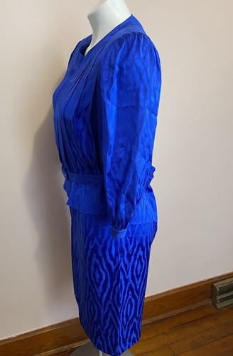 Argenti 100% Silk skirt Top Set 8P VTG Puff Sleeve 80s blue peplum Pleat Belted - Picture 3 of 9