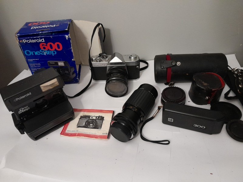 Vintage Camera Lot, Konica, Polaroid, Kodak. Not Tested, Sold As "For Parts"