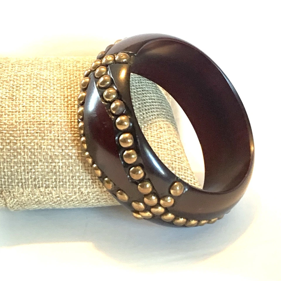 Vintage Wide Wood Bangle Bracelet with Brass Studs Detail Wooden Boho Chic - Image 3 of 4