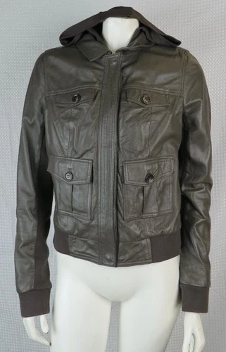 Caslon US women’s M Choc Brown Hooded Stretch Knit + Leather Moto Bomber Jacket