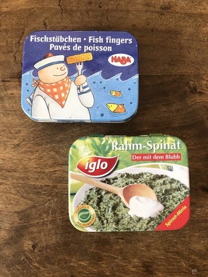 HABA Fischstäbchen &  Erzi Rahm-Spinat ''Iglo'' Blechdose Kaufladen Kinderküche