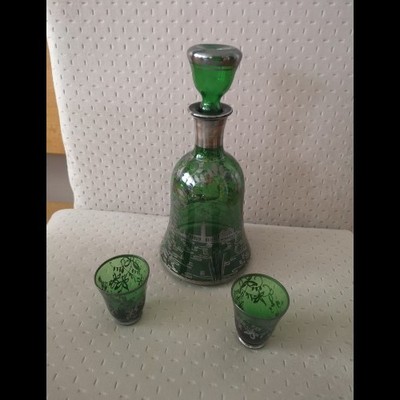 Antike (Murano ?) Glaskaraffe  & 2 Schnapsgläser handbemalt, mundgeblasen 