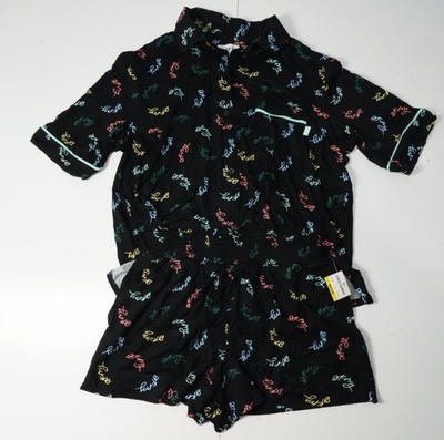 DKNY Damen Pyjama Set Medium schwarz Multi Logo Shirt Shorts Neu mit Etikett