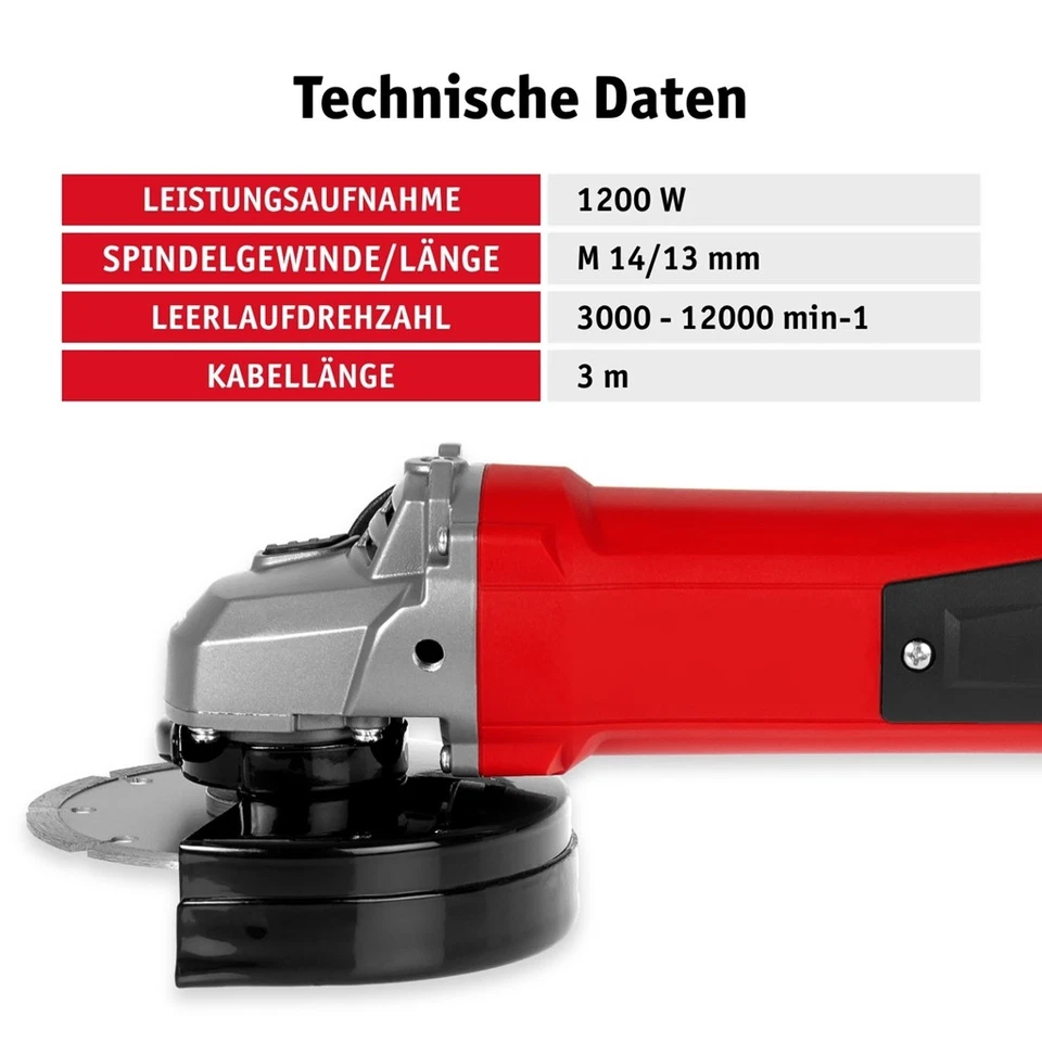 Winkelschleifer 1200W max.125mm Zusatzhandgriff Schutzhaube & 12 Trennscheiben - Bild 3 von 4