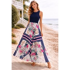 Eliza J Navy Floral Maxi Dress Size 8 Sleeveless Fit Flare Keyhole Back