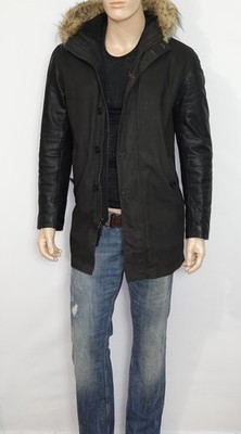 John Varvatos Star USA Hooded Parka in Brown Medium Leather Sleeves Zip/Button