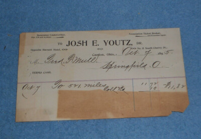 1895 Josh E Youtz Insurance Underwriter Assn Ticket Broker Canton Ohio Billhead