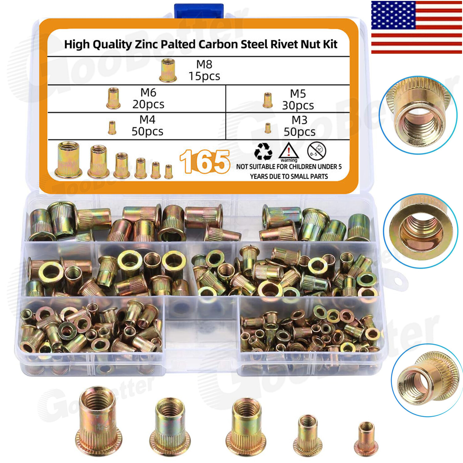 165x Carbon Steel Rivet Nut Kit Metric Rivnut Nutsert M3 M4 M5 M6 M8 Zinc Steel