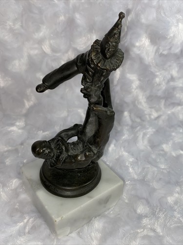 Antique Bronze Statue Two Clowns Playing Leapfrog Pierrots Base Is Chipped - Picture 12 of 13