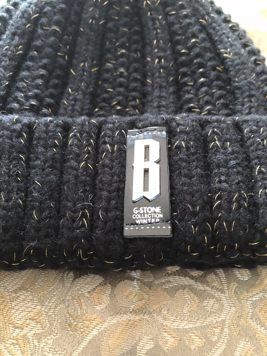 Lady Winter Hat G -Stone Collection Winter Pom Pom Bobble Black Gold Fleck