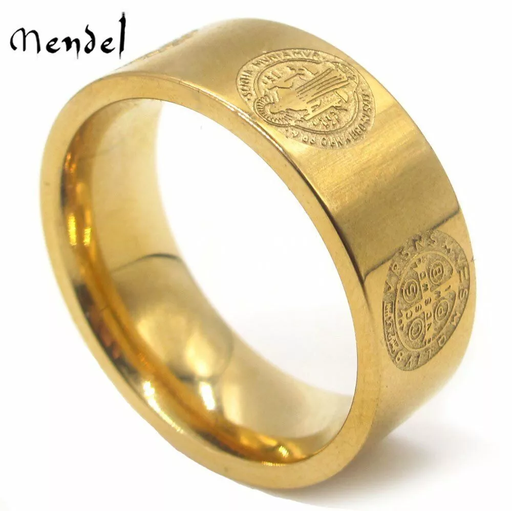 MENDEL Mens Gold Plated Catholic Religious St Saint Benedict Ring