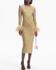 Self-Portrait Ladies Gold Rhinestone Feather Midi Dress Round Neck Slim Dress