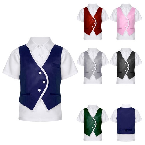 Kids Boys Vest And Shirts Turn-Down Waistcoat With Shirt Celebration Blouse Tee