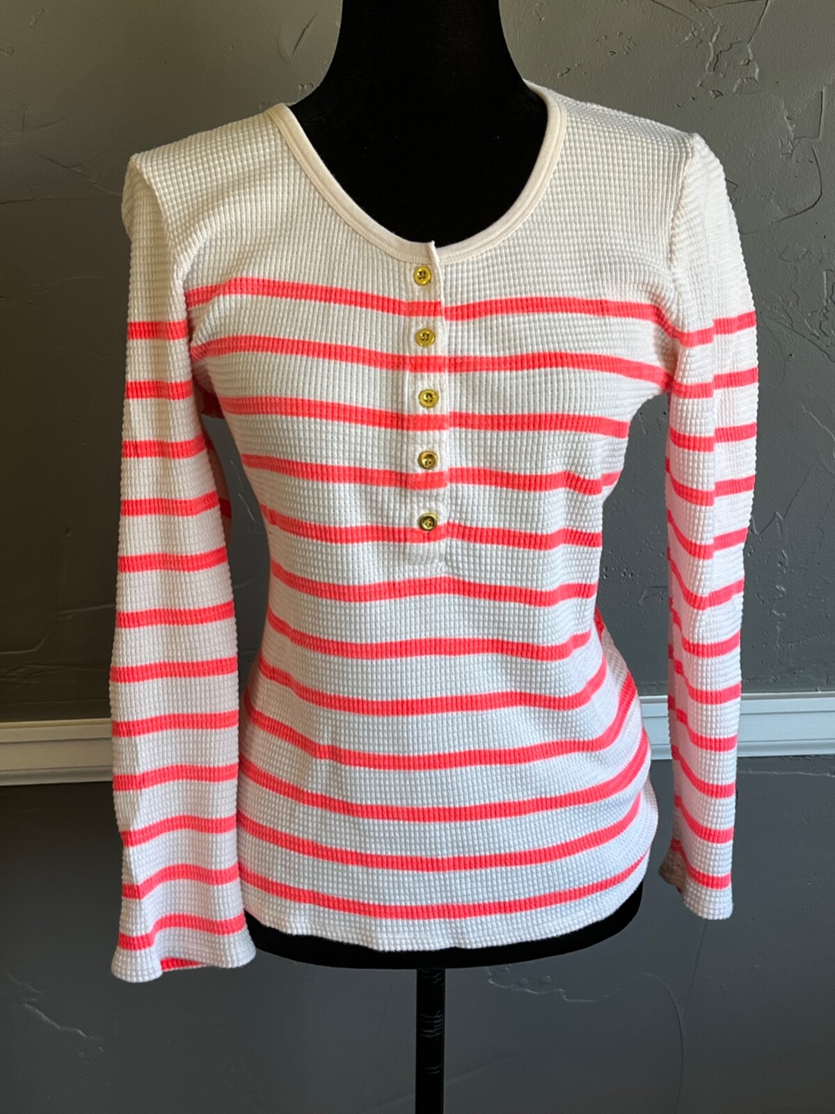 J Crew Women's Size XL Striped Waffle Henley Long Sleeve Top
