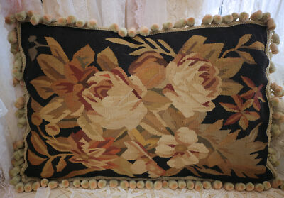 24'' Vintage Aubusson Pillow Cover Dark Floral Pompom Trim Tapestry Decor