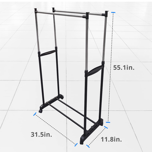 Double Rod Rolling Clothes Rack Clothing Garment Rack Lockable Mobile Wheels - Picture 7 of 8