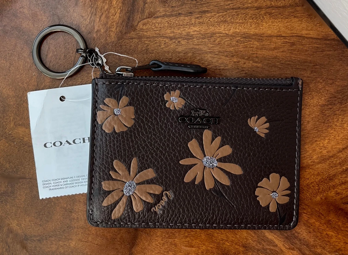 NWT Coach Brown Floral Print Leather Mini I.D. Skinny Card Wallet With Key  Ring