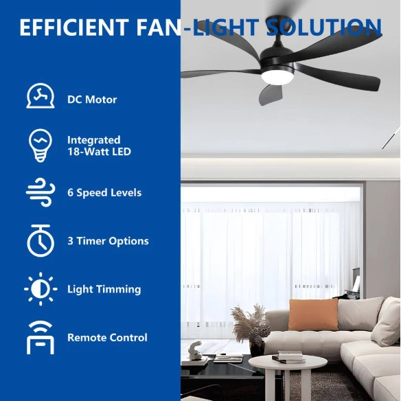 52" Rustic Black Ceiling Fan Indoor/Outdoor Light 3-Color Dimmable Ultra Quiet - Image 4 of 4