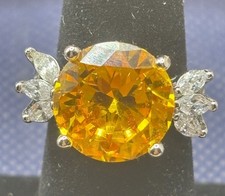 Citrine Ring Sz 7 Cubic Zirconia 14mm Accent Stones Silver-Tone Band Exquisite