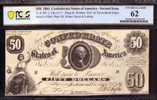 1861 $50 CONFEDERATE STATES OF AMERICA NOTE T-8 PF-2 PCGS B UNC 62