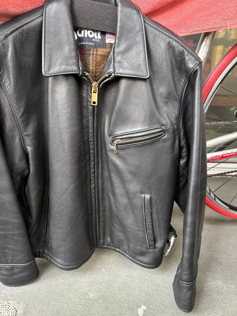 Schott 681 Leather Single Rider Jacket Size 44 Black Collar Flannel Tartan Lined image 16